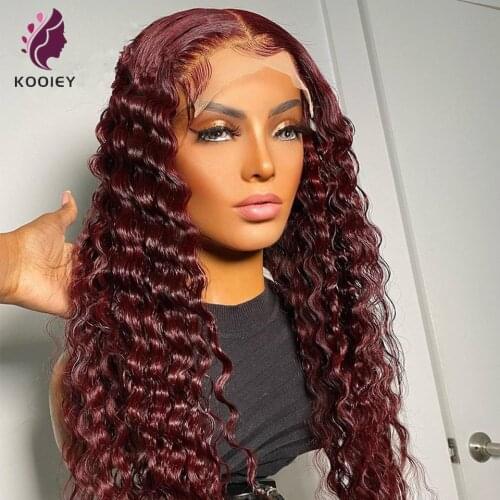 99J 13x4 Lace Front Human Hair Wigs Burgundy Red Wine Deep Wave Hair Brazilian For Woman 180 Density 4x4 Lace Closure Wigs