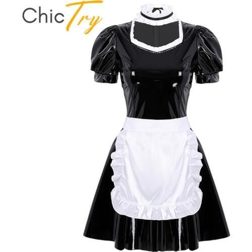 ChicTry Adults Puff Sleeve Black Patent Leather Dress with Apron Choker Set French Maid Cosplay Halloween Women Sexy Costumes