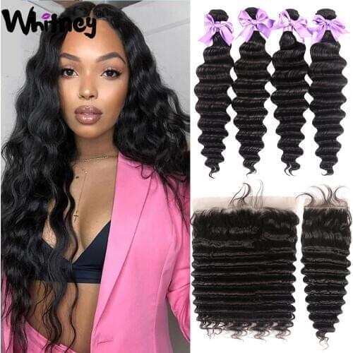 Whitney Wig Malaysian Loose Deep Wave Bundles With Frontal Closure 100% Remy Human Hair 2/3/4 Bundles With Lace frontal Closure