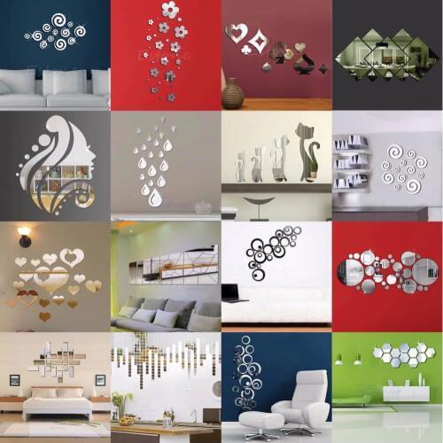 3D Mirror Wall Sticker Ceiling Living Room Bedroom Acrylic Mural Wall Decals Modern Home Decor Geometric Waist Heart Butterfly
