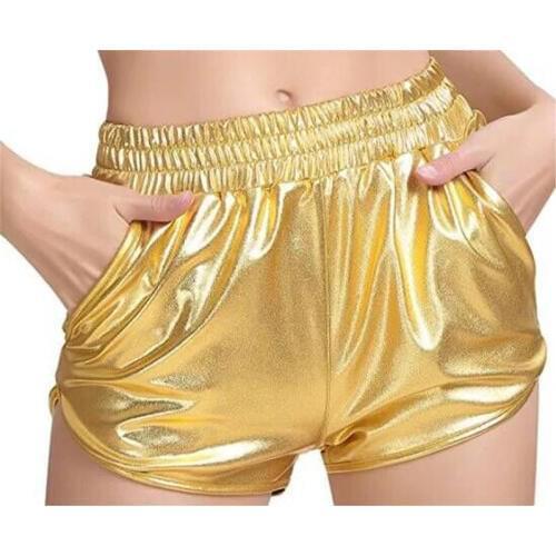New PU Leather Shorts Women Summer Casual Elastic Waist Gold Beach PU Shorts Sexy Women Shine Plus Size Shorts With Pocket
