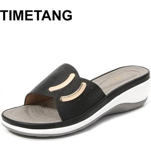 TIMETANGWomens Slippers Fashion New Wedges Slides Female Casual Sandals Metal Decoration Beach Shoes Ladies Footwear Large Size
