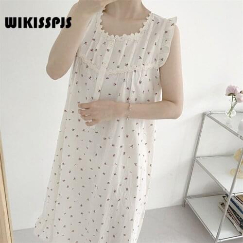 WIKISSPJS 2021 Summer New Soft Style Lace Round Neck Ruffle Sleeveless Dress Night Gown Cute Cherry Sleep Wear Robe Sets