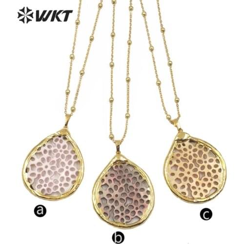 WT-JN107 round shape natural shell Necklace special hollow carved design gold Necklace women handmade Necklace Jewelry 2019