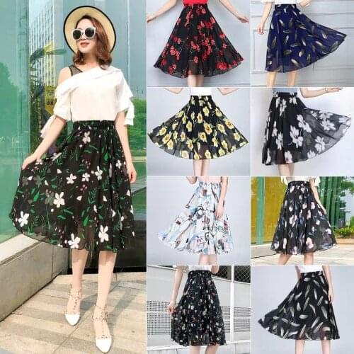 Chiffon new midi skirt women summer mid-length floral skirt printed fairy Korean fashion pleated skirt black white sweet BSQ148