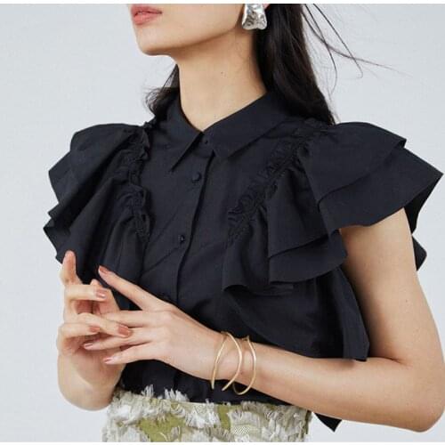 Sweet Cascading Ruffle Patchwork Women Shirts Chic Butterfly Sleeve Blusas Mujer 2021 Summer Elegant Ol Solid Blouse Woman