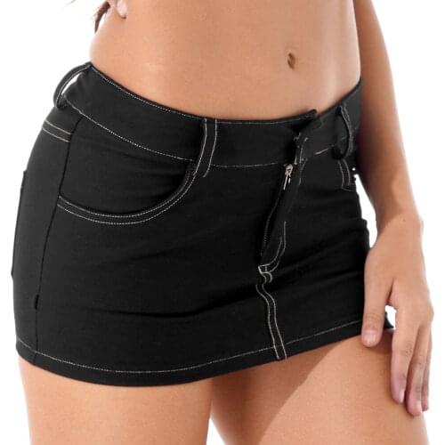 Womens Ladies Low Waist Jean Mini Skirt Streetwear Clubwear Casual Zipper Fly Denim Miniskirt with Pockets