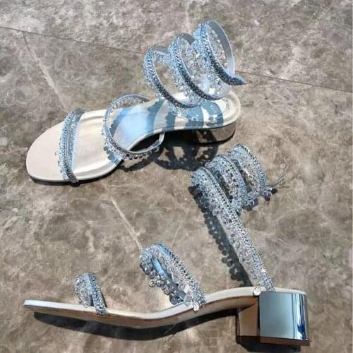 Shiner Rhinestone Tassel Strap Snake Pattern Twined Sandals Summer Chunky Heels Lady Cut-Outs Crystal Wedding Shoes