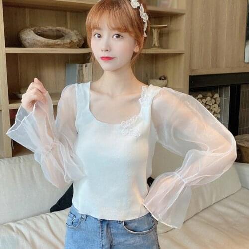 Womens Tshirts Korean Square Neck Butterfly Mesh Stitching Top Puff Sleeve T Shirt Vetements Femmes Camiseta Solid Color