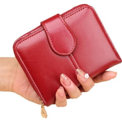 Women Short Oil Wax Leather Coin Purses Multiple Credit Card Holders Metal Zipper Wallet Solid Color Fashion Ladies Clutch