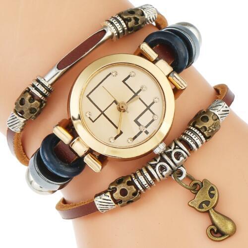 Top Genuine Leather Women Watch Geometric Face Triple Bracelet Wristwatch Fashion Fox Pendant Reloj Wristwatch