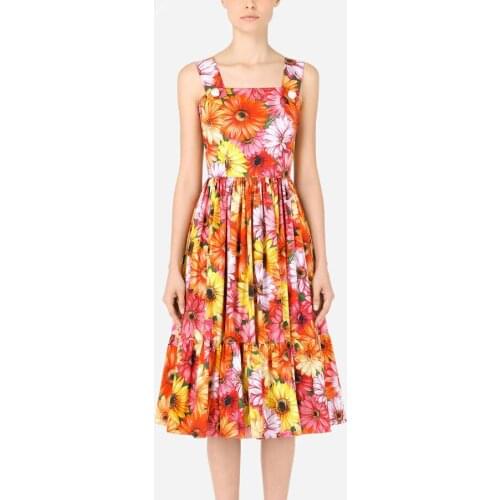 Runway Floral Sunflower Dress Summer Women Boho Beach Buttons Spaghetti Strap Bohemian Sundress Party A Line Midi Vestidos