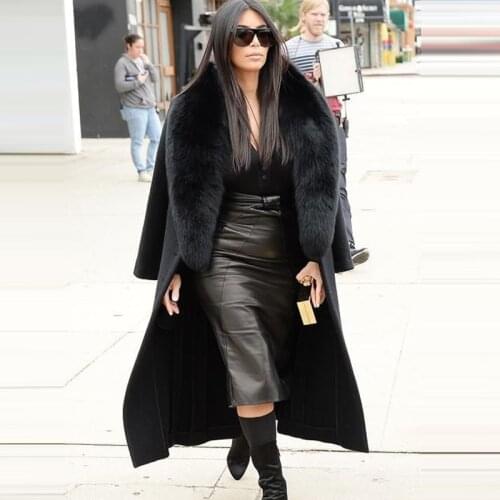 FURSARCAR 2021 Fashion Wool Blend Jacket With Natural fox Fur Lapel Collar Long Size Coat Women Luxury Winter Coat