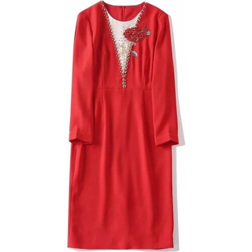 High Quality Brand Red Dress 2021 Autumn Winter Party Events Women Hand Made Beading Flower Embroidery Long Sleeve Sheath Dress