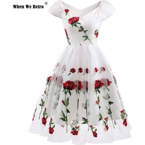 Rose Flower Embroidery V-Neck Elegant Dress Pleated Mesh Overlay Floral Women Vintage Summer Party Dresses VD2247