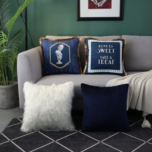 45x45cm retro deep blue printed cushion cover velvet pillowcase decorative tassels fringe pillow cover backrest