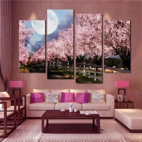 Unframed 4 Piece Under Moonlight Sakura Wall Art Picture Printed Canvas Oil Painting for Living Room Home Decor