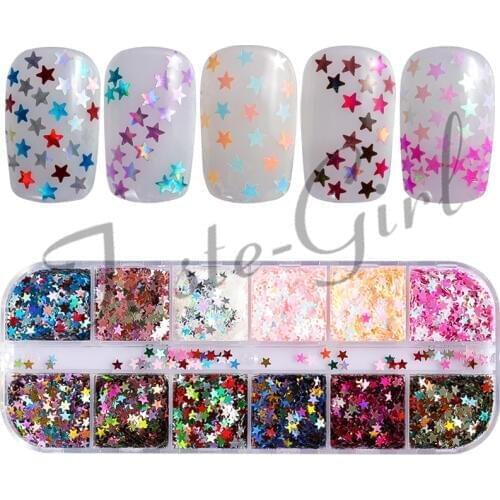 12 Grids/set Multi-color Nail Sequins Glitter Mixed Lucky star Flakies Paillette Nail Art Decoration Manicure supplies tools