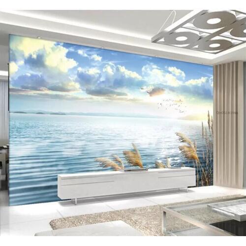 Large custom wall wallpaper calm lake reed blue sky white clouds landscape TV background wall home decoration