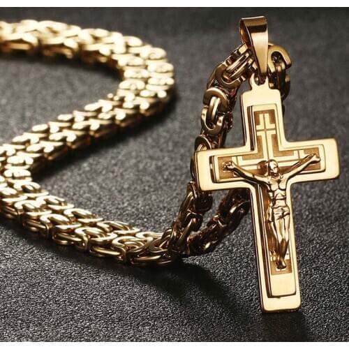 Jesus Cross Long Byzantine Chain Stainless Steel Necklaces Pendants for Men Christian Crucifix Necklace Religious Jewelry colar