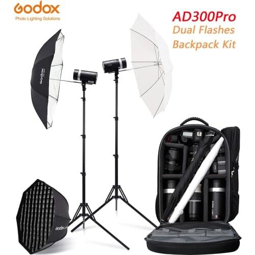 Godox 2pc AD300Pro Dual Flashes Backpack Kit 300W Out Door Flash Lamp With Diffusers Grids Umbrella Black Diffuser Cover Light