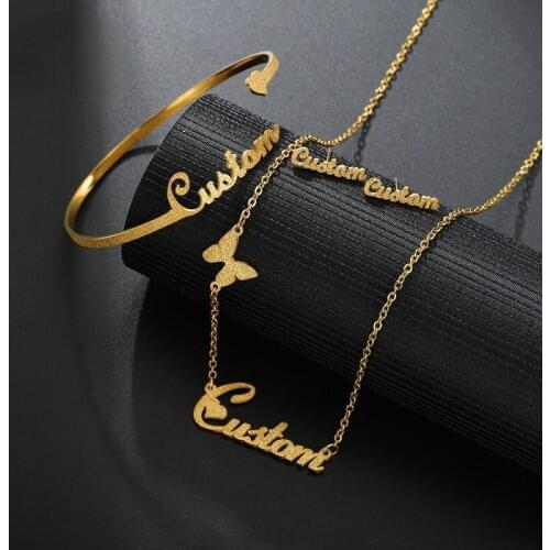 Fashion Frosted Personalized Set Stainless Steel Customed Special Butterfly Crown Nameplate Party Necklace For Girl Jewelry Gift