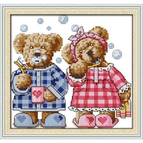 Brushing teeth bear cross stitch kit animal lover 14ct 11ct count print canvas stitches embroidery DIY handmade needlework plus