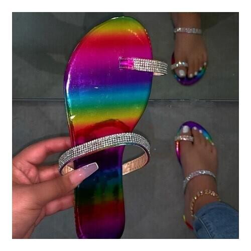 2020 summer new large size clip toe sandals flat bottom rhinestone sandals and slippers female beach sandals X189