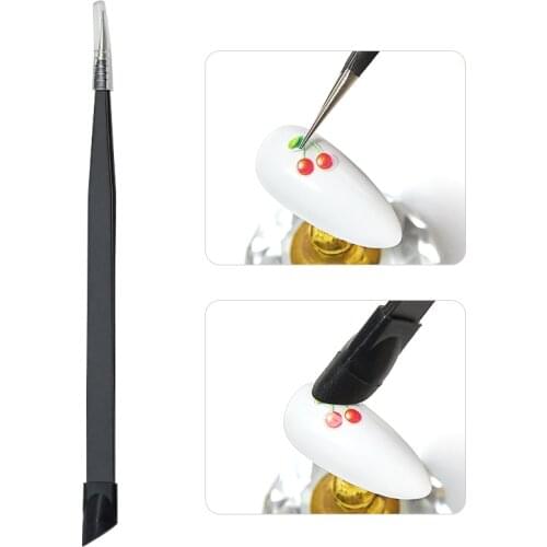 2 Heads Straight Nail Tweezers with Silicone Pressing Head for 3D Sticker Rhinestones Picker Manicure Tools