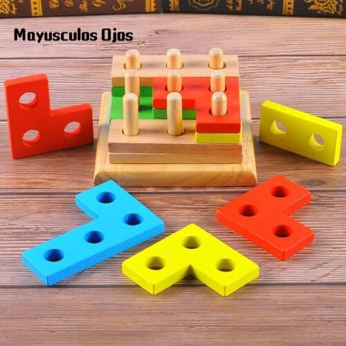ZH 1Set Wooden Tetris Nine Pillars Infant Intelligence Development Building Blocks Pillar Children Educational Toys