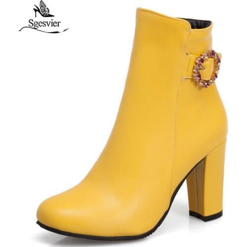 Sgesvier Autumn Winter Womens Shoes Yellow White Black Crystal Buckle High Heel Ladies Ankle Boot Fashion Woman Footwear G739