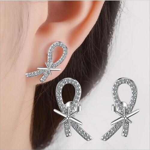 TJP Cute Crystal Bowknot Rose Gold Women Stud Earrings Jewelry Fashion 925 Silver Earrings For Girl Party Accessories Hot Bijou