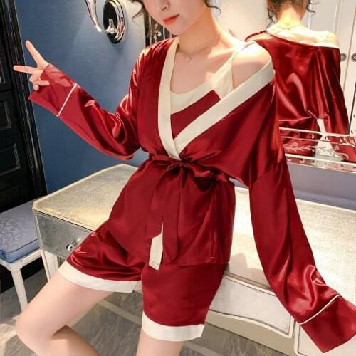 M-XXL Women 3pcs Silk Satin Pajama Set Cami Shorts with Robe Sleepwear Wedding Robes for Bridal Party Kimono Cardigan Cover Up