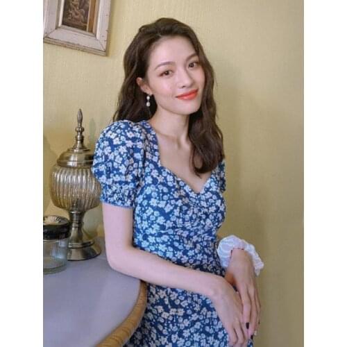 Women Dress Korean Fashion New Clothes Vintage Square Collar Blue Floral Vestidos Slim Fit Print Puff Sleeve Dresses Y370