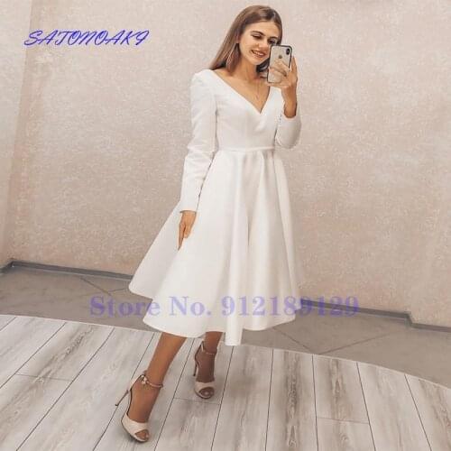 New Simple Satin Wedding Dress Tea Length With Long Sleeve V-Neck Bridal Gown Robe De Mariée Vestido Novia Sukienka Online Shop