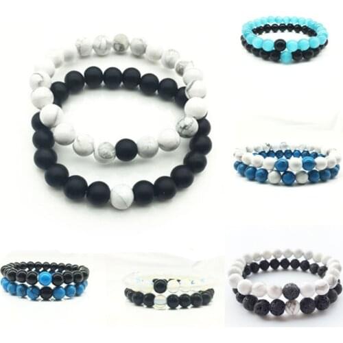2Pcs/Set Couples Yoga Bracelet Men White and Black Natural Stone Yin Yang Beaded Bracelets for Women Lovers Jewelry