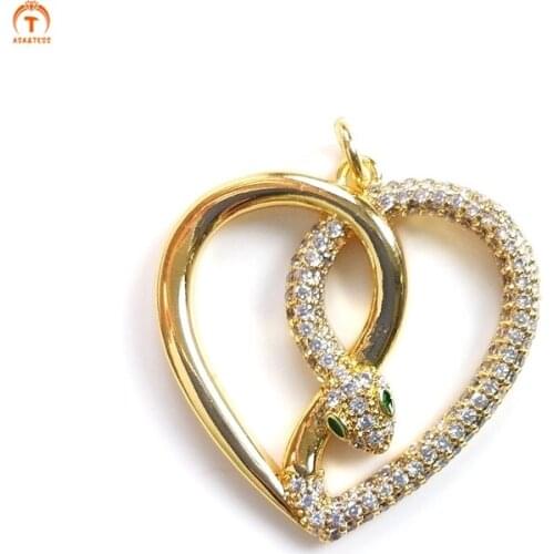 5pcs Snake Shape Pendant Necklace For Women Charm Round Heart Snake Pendant Brass Cubic Zirconia Serpent Pendant Jewelry Finding