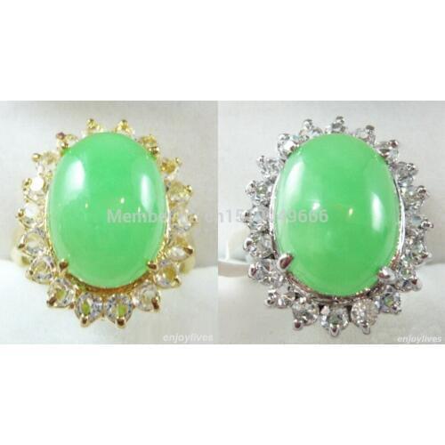 FREE SHIPPING >>>Natural Light Green STONE Bead Yellow & White Crystal Ring SZ:6.7.8.9