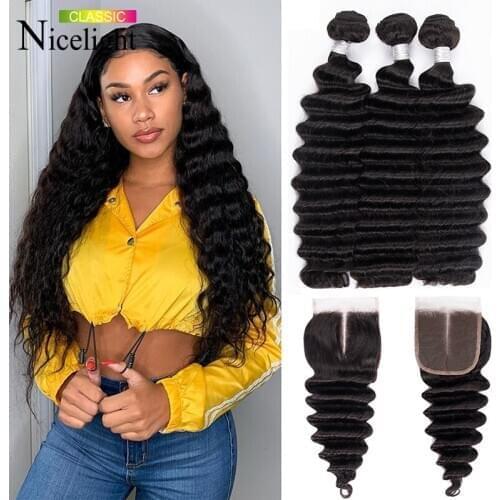 Brazilian Weaves Human Hair Bundles With Closure Non-Remy Hair Extensio Loose Deep Wave 3 Bundles With Closure