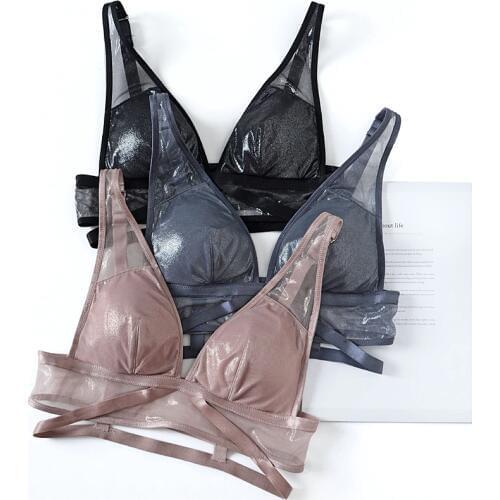 Wriufred Tempting Ultra-thin Bronzing Mesh Lingerie Women Sexy Underwear Deep V Push Up Bras Matte Glossy Micro-collar Bralette