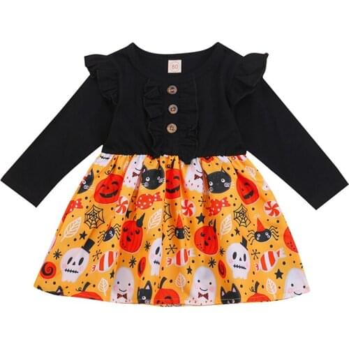 Halloween 1-4Years Little Girls Breathable Dress Pumpkin Floral Printing Splicing Fly Long Sleeve Round Collar Princess Dress