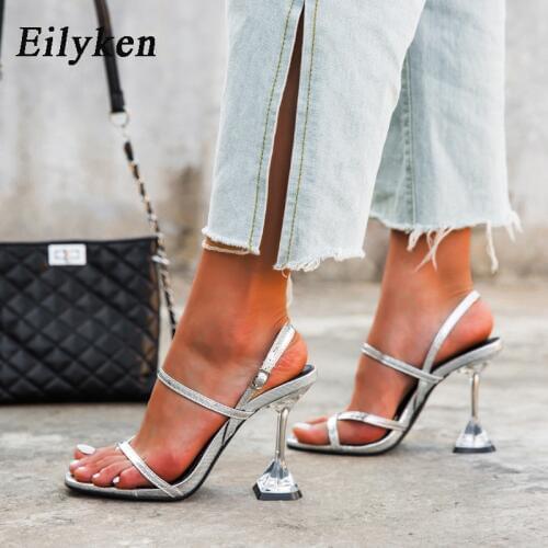 Eilyken New Design Serpentine Patter High Heels Sandals Women Sexy Peep Toe Ankle Buckle Strap Crystal Strange Heel Wedding Shoe