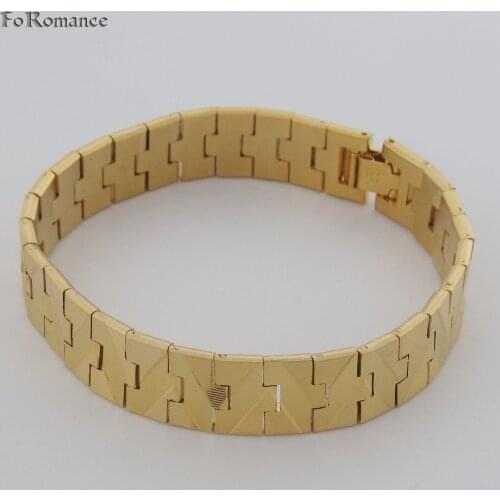 FoRomance / WAVE PATTERN OR V CARVED YELLOW GOLD SOLID GP FILLED CARVED 7.5" 19 CM LINK BRACELET WIDTH 12 MM 0.47" WEIGHT 35G