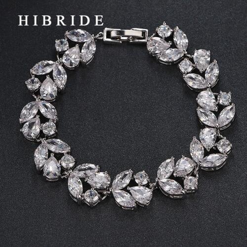 HIBRIDE JEWELRY Brand Charm Leaf Shape AAA Cubic Zircon Wedding Bracelets,White Gold Color Bangles Luxury Women Jewelry, B-17