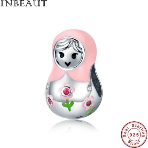 INBEAUT New Arrival 925 Sterling Silver Pink Enamel Scarf Girl Beads fit Brand Bracelet Cute Puppet Charms for diy Jewelry