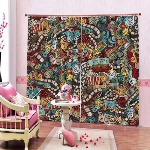 Cinema Combined in an Abstract Popcorn Movie Reel Window Curtains Dark Living Room Bedroom Drapes Decor Kids