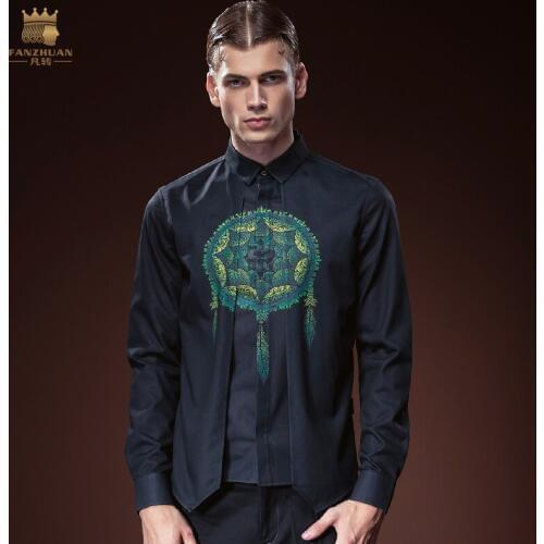 Free Shipping New fashion casual male Mens 2016 Europe printed dress personality DP slim long sleeve shirt boom 612125 FanZhuan
