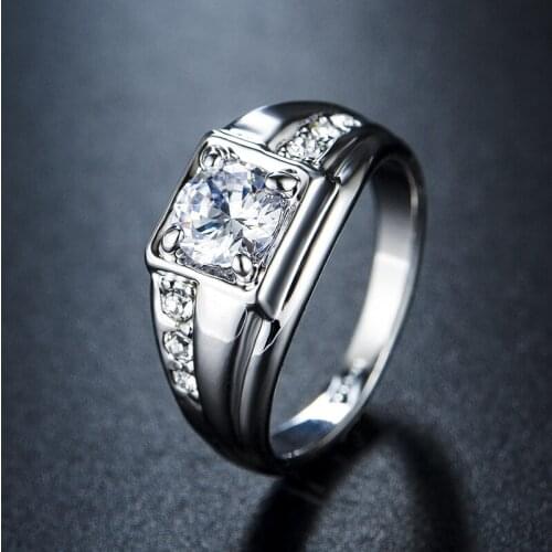 YANHUI Mens 18K White Gold Ring Original 1 Carat Zirconia Diamond Wedding Band Silver 925 Jewelry To Men Love Gift Engagement