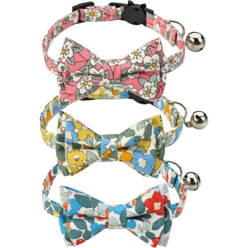 Floral Cat Collar with Bow Tie and Bell Cute Flower Patterns Kitten Collars Breakaway Adjustable Soft for Pets Spring Series