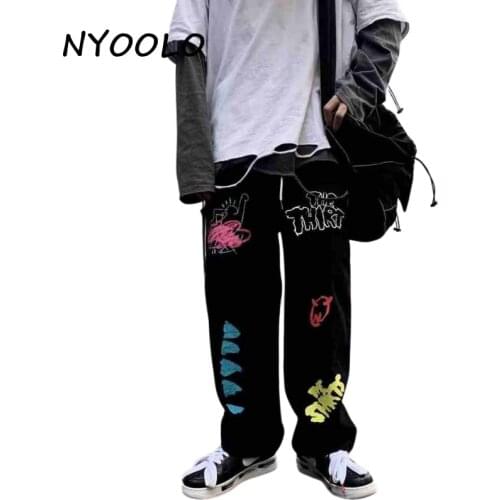 NYOOLO Casual Streetwear Funny Graffiti Letters Print Elastic Waist Oversized Straight Pants Women Men Vintage Baggy Trousers
